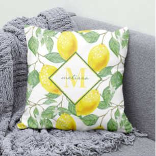 Watercolor Lemon Tree Pattern Name and Monogram Throw Pillow