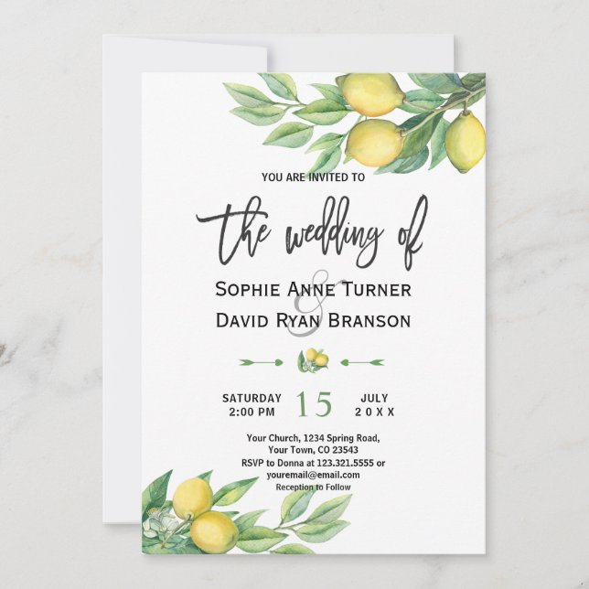 Watercolor Lemon Tropical Hand lettering Wedding Invitation (Front)