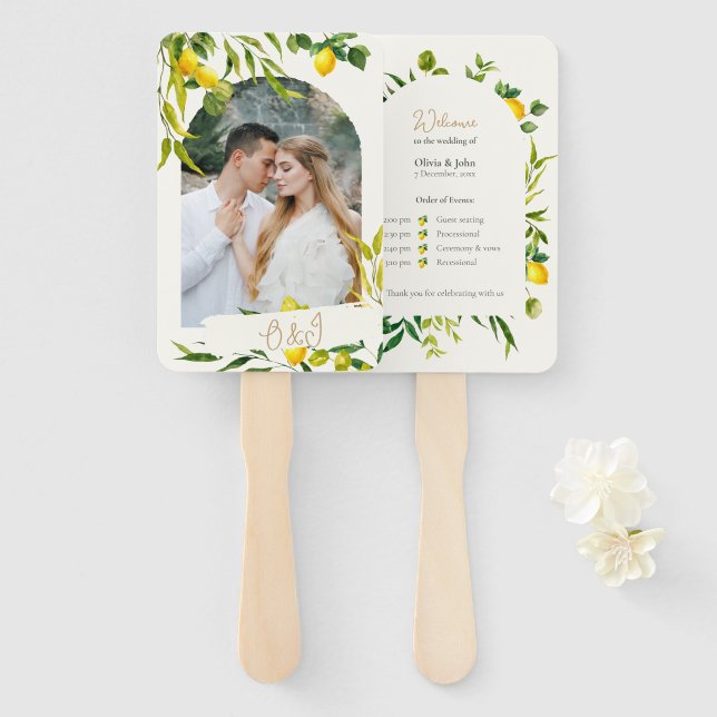 Watercolor Lemon Wedding Ceremony Program Fan (Front and Back)