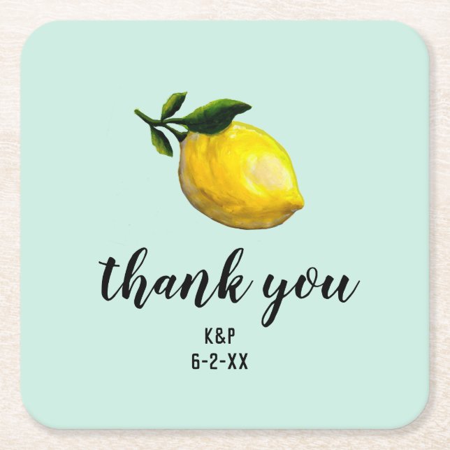 Watercolor Lemon Wedding Custom Favours Square Paper Coaster (Front)
