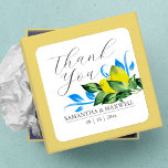 Watercolor Lemon Wedding Favour Square Sticker<br><div class="desc">These Tuscan wedding stickers feature botanical watercolor lemons and greenery art. The words "THANK YOU" are set in a trendy hand lettered script typography. Use the simple template fields to add your custom information. A rustic yet elegant choice to adhere to your wedding favours or to use as an envelope...</div>