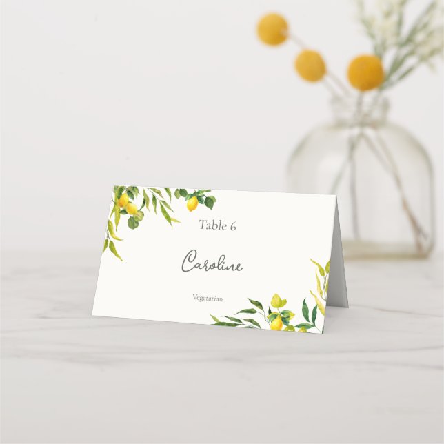 Watercolor Lemon Wedding with Meal Preference Place Card (Front)
