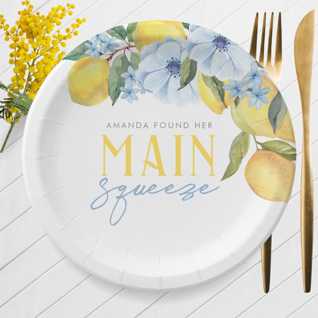 Watercolor Lemon White Main Squeeze Personalized Paper Plate (Watercolor Lemon Main Squeeze Personalized Paper Plates on White. 7'' or 9'' Available)