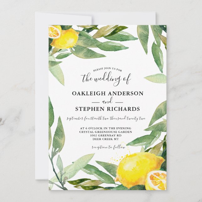 Watercolor Lemon Wreath Boho Wedding  Invitation (Front)