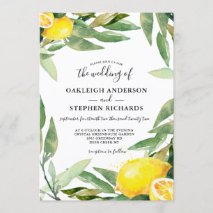 Watercolor Lemon Wreath Boho Wedding  Invitation