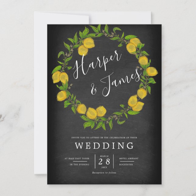 Watercolor lemon wreath chalkboard details wedding invitation (Front)
