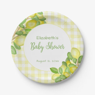 Watercolor Lemon Yellow Gingham Baby Shower Plates