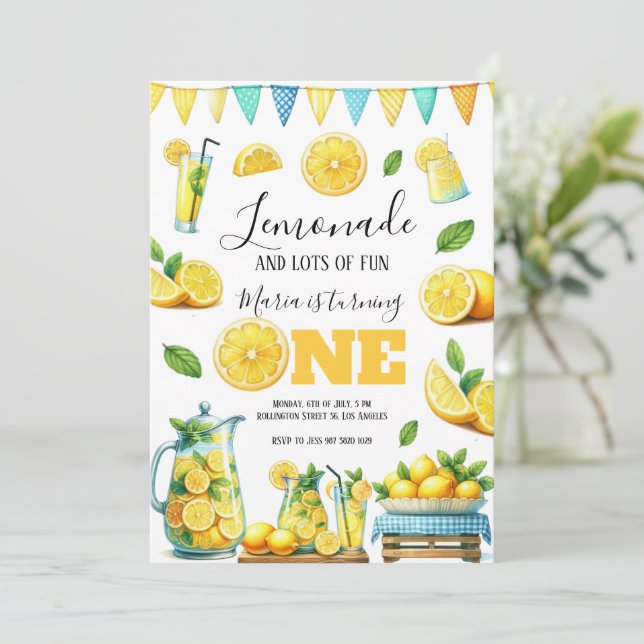 Watercolor Lemonade Stand 1st Birthday Party Invitation (Standing Front)