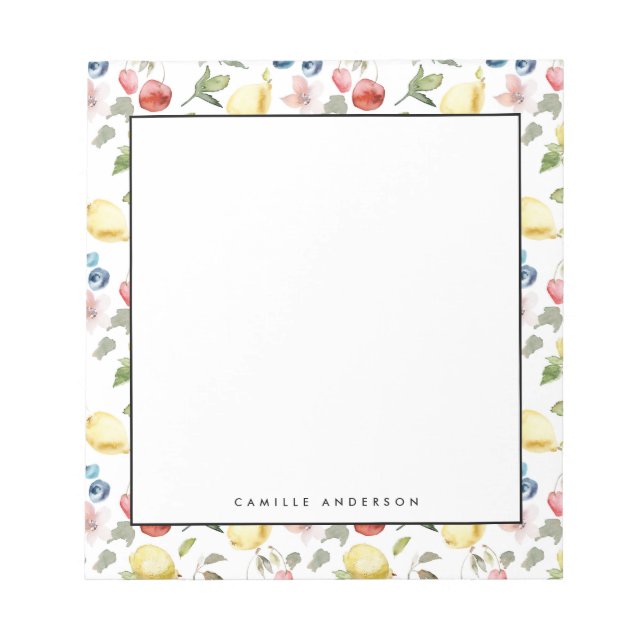 Watercolor Lemons and Berries Pattern Personalized Notepad (Front)