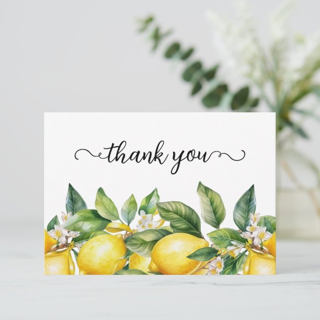 Watercolor Lemons and Blossoms Border Thank You Card (Standing Front)