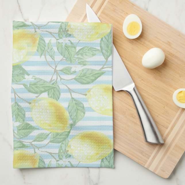 Watercolor Lemons and Blue Stripes Monogrammed Kitchen Towel (Quarter Fold)