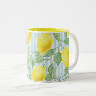Watercolor Lemons and Blue Stripes Two-Tone Coffee Mug
