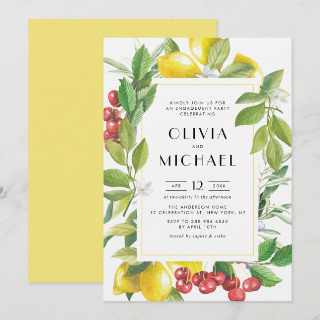 Watercolor Lemons and Cranberries Engagement Party Invitation (Front/Back)