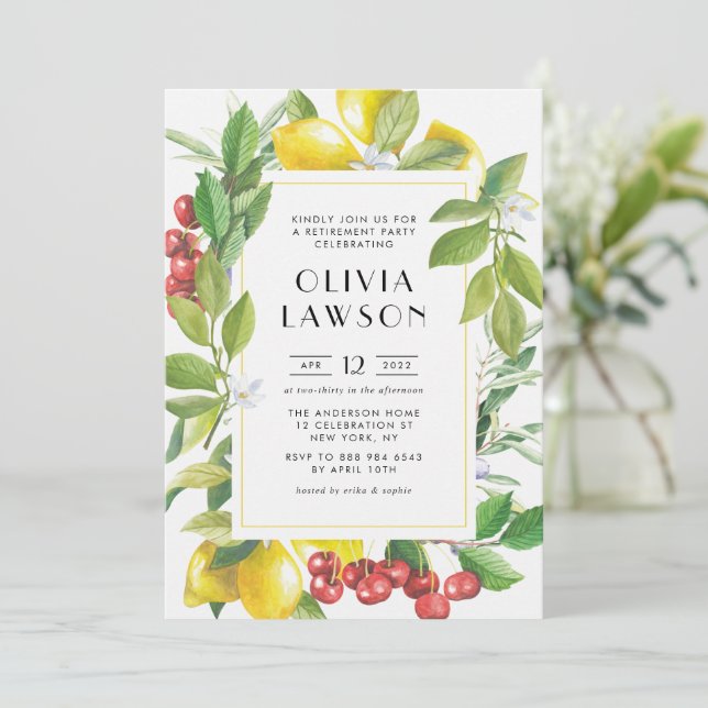 Watercolor Lemons and Cranberries Retirement Party Invitation (Standing Front)