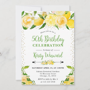 Watercolor Lemons and Flowers 50th birthday Invitation