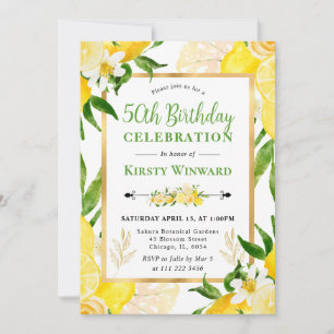 Watercolor Lemons and Flowers 50th Birthday Invitation