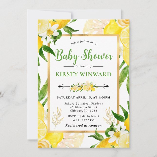 Watercolor Lemons and Flowers Baby Shower Invitation (Front)