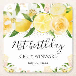 Watercolor Lemons and Flowers Birthday Square Paper Coaster