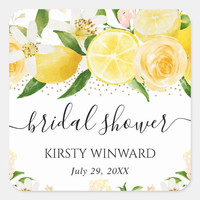 Watercolor Lemons and Flowers Bridal Shower Square Sticker (Front)