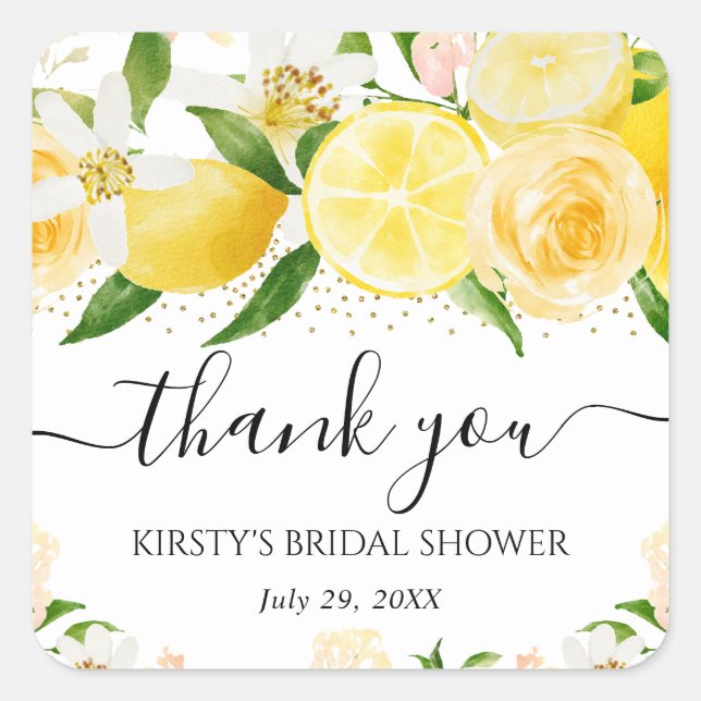 Watercolor Lemons and Flowers Bridal Shower Square Sticker (Front)