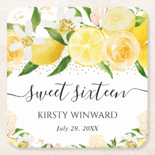 Watercolor Lemons and Flowers Sweet Sixteen Square Paper Coaster
