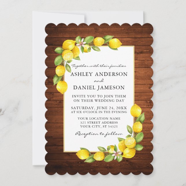 Watercolor Lemons and Greenery Wood Wedding Invitation (Front)