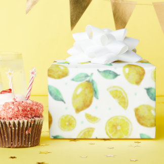 Watercolor lemons and leaves on white background wrapping paper