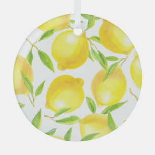 Watercolor lemons and leaves: pattern. glass ornament