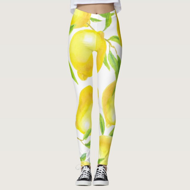 Watercolor lemons and leaves: pattern. leggings (Front)
