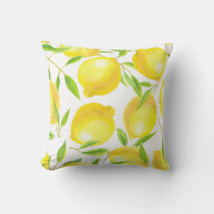 Watercolor lemons and leaves: pattern. throw pillow