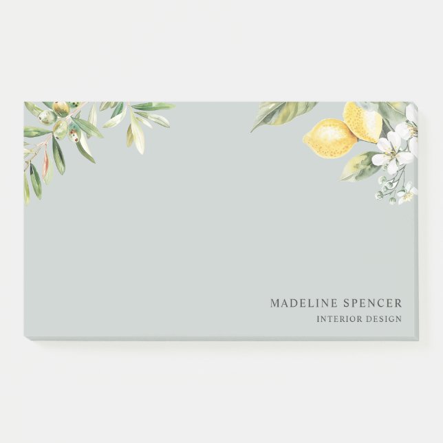 Watercolor Lemons and Olives Sage Green Post-it Notes (Front)