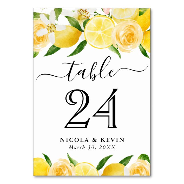 Watercolor Lemons and Summer Flowers Wedding Table Number (Front)