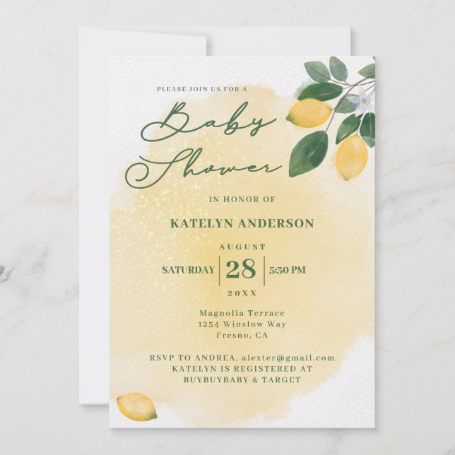 Watercolor Lemons Baby Shower Invitation (Front)