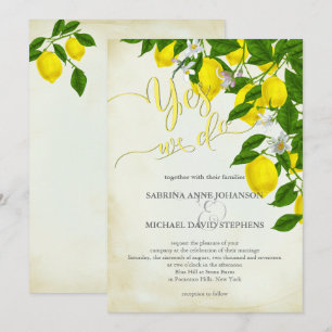 Watercolor Lemons Blossoms and Greenery Wedding Invitation