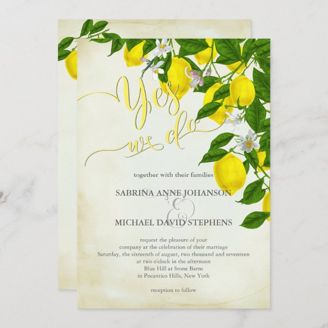 Watercolor Lemons  Blossoms and Greenery Wedding Invitation (Front/Back)