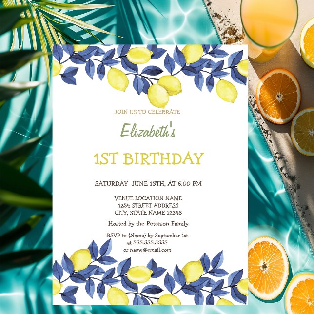 Watercolor Lemons Blue Mediterranean Birthday   Invitation (Creator Uploaded)