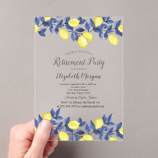 Watercolor Lemons Blue Mediterranean Retirement Acrylic Invitations