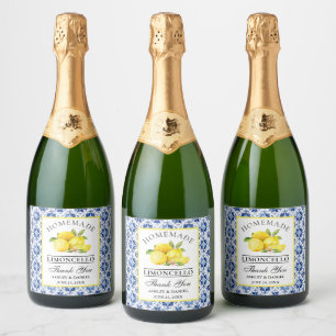 Watercolor Lemons Blue Tile Limoncello Sparkling Wine Label