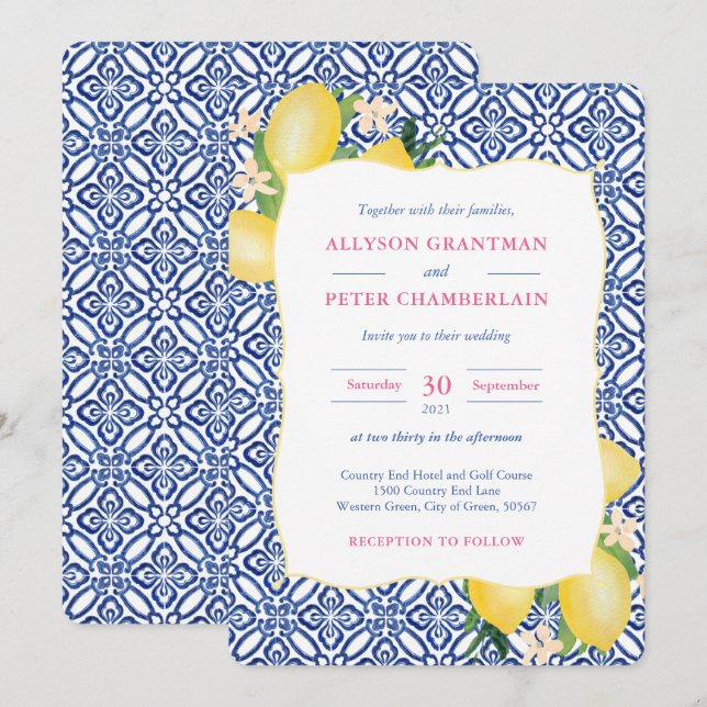 Watercolor Lemons Blue Tiles Amalfi Wedding Invitation (Front/Back)