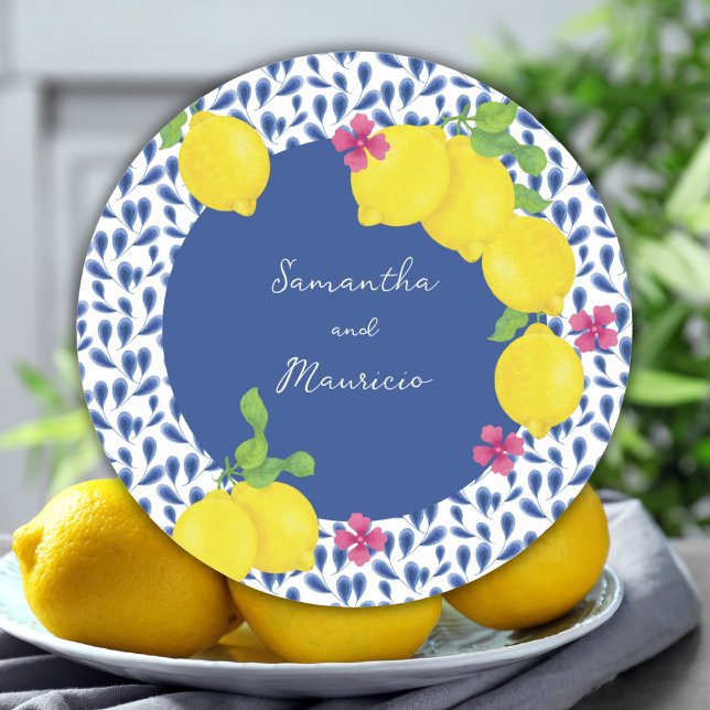 WATERCOLOR LEMONS BLUE TILES CLASSIC ROUND STICKER (Creator Uploaded)