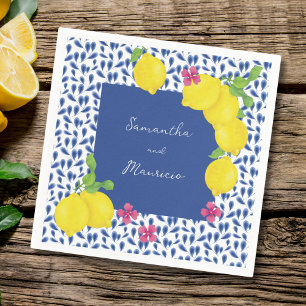 WATERCOLOR LEMONS BLUE TILES NAPKIN