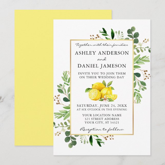 Watercolor Lemons Botanical Greenery Wedding Invitation (Front/Back)