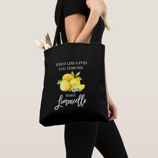 Watercolor Lemons Brush Script Limoncello Black Tote Bag (Close Up)