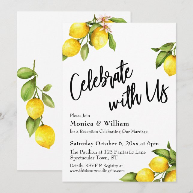 Watercolor Lemons Celebrate With Us Typography Invitation (Front/Back)