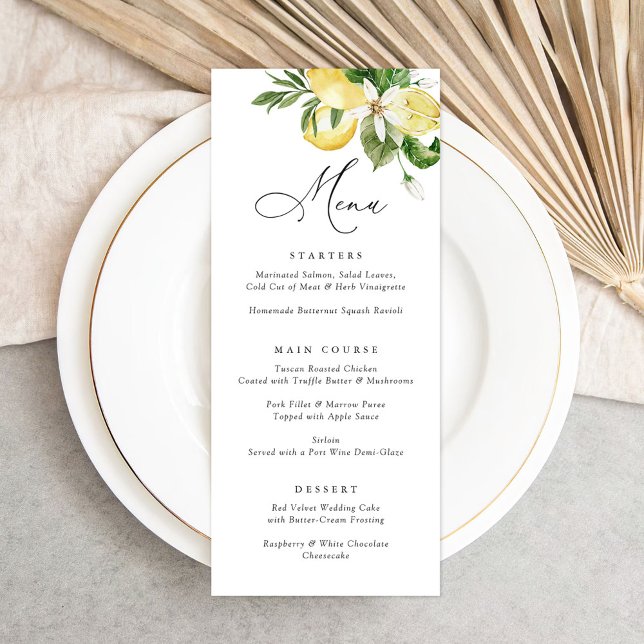 Watercolor Lemons Citrus Modern Script Wedding Menu (Creator Uploaded)
