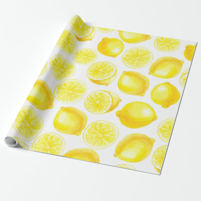 Watercolor lemons design wrapping paper (Unrolled)