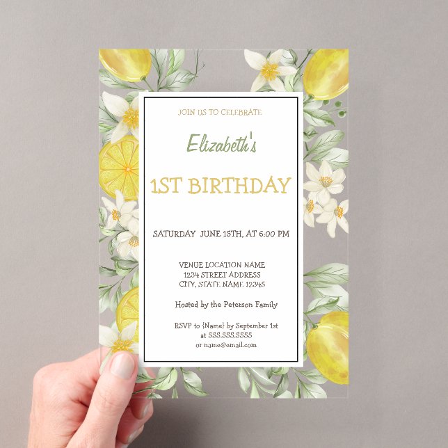 Watercolor Lemons Flowers Birthday  Acrylic Invitations (Insitu (Handheld))