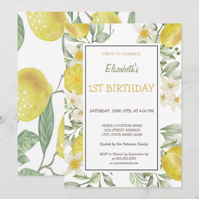 Watercolor Lemons Flowers Birthday  Invitation (Front/Back)