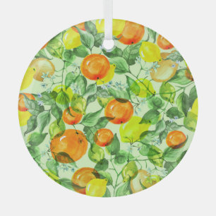 Watercolor lemons, flowers, citrus pattern. glass ornament