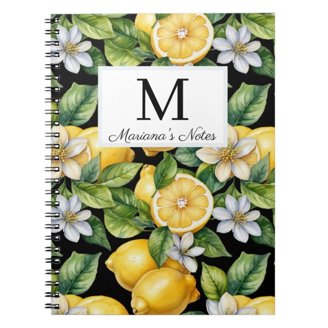  watercolor lemons & flowers monogram personalized notebook (Front)